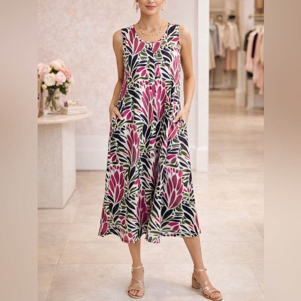 Chico’s Sleeveless Swing Dress Pink Olive Abstract Print Pockets US‎ 4